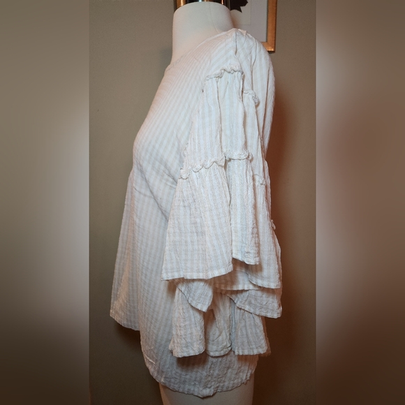 Anthro Pilcro Sybil Ruffle Sleeve Blouse Size Medium Tan/ White Stripe - Picture 3 of 8